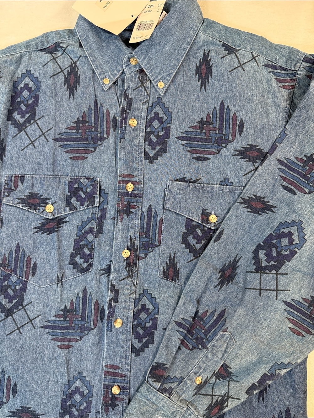 Vintage 90s Just Western Denim Aztec Southwestern Print Button Down Blue M
